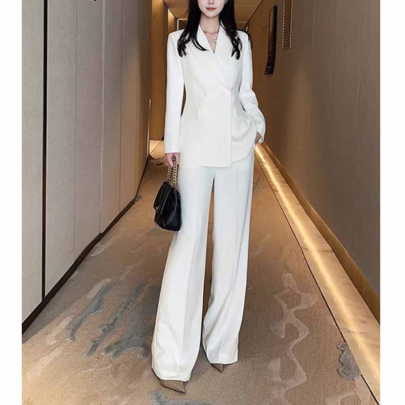 Women's Wide-Leg Formal Suit White Blazer Trousers Set Event Pantsuit