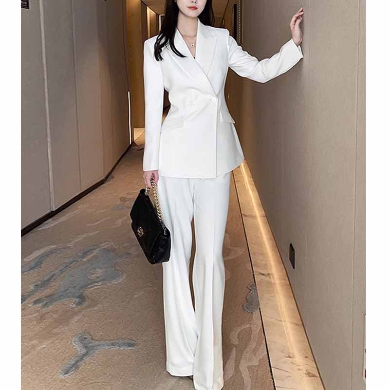 Women's Wide-Leg Formal Suit White Blazer Trousers Set Event Pantsuit