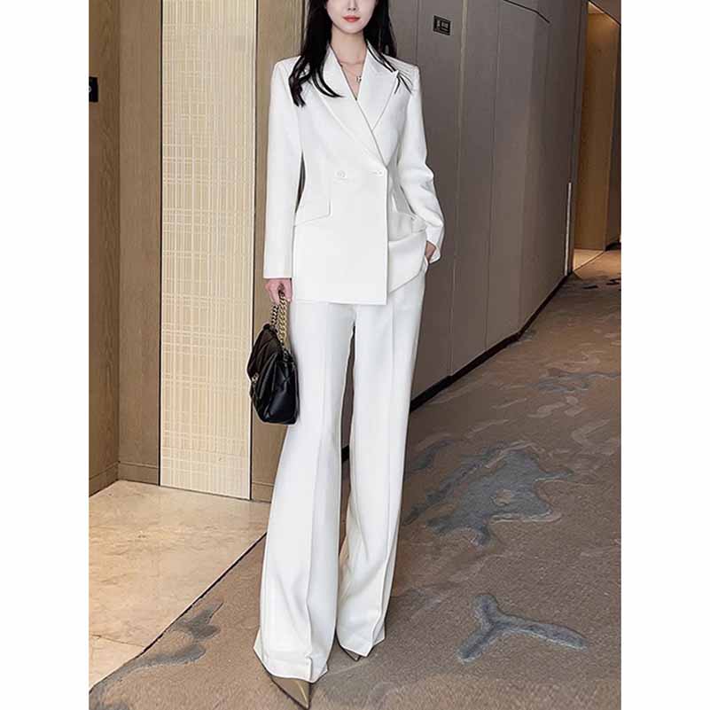 Women's Wide-Leg Formal Suit White Blazer Trousers Set Event Pantsuit