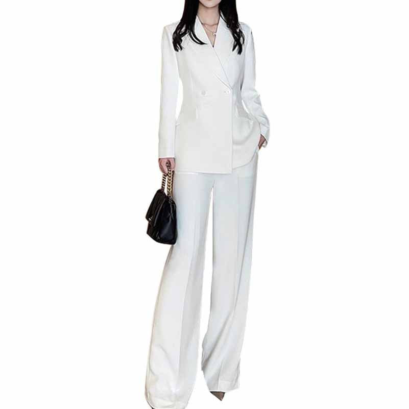 Women's Wide-Leg Formal Suit White Blazer Trousers Set Event Pantsuit