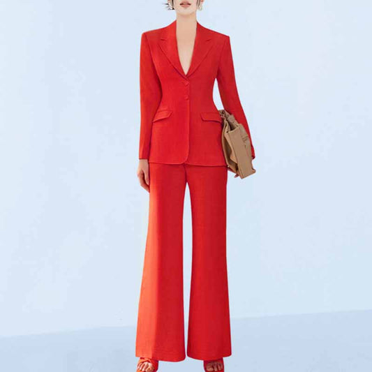 Women's Wide-Leg Wedding Suit Red Blazer Trousers Set Event Pantsuit