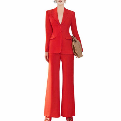 Women's Wide-Leg Wedding Suit Red Blazer Trousers Set Event Pantsuit