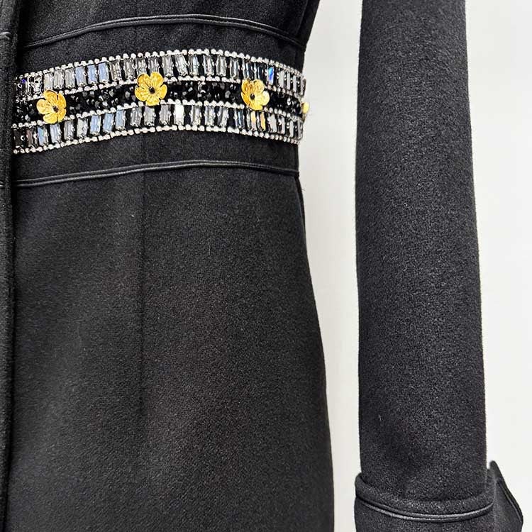 Stylish women's winter wool coat with embellished floral details on the waist