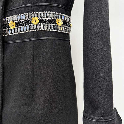 Stylish women's winter wool coat with embellished floral details on the waist