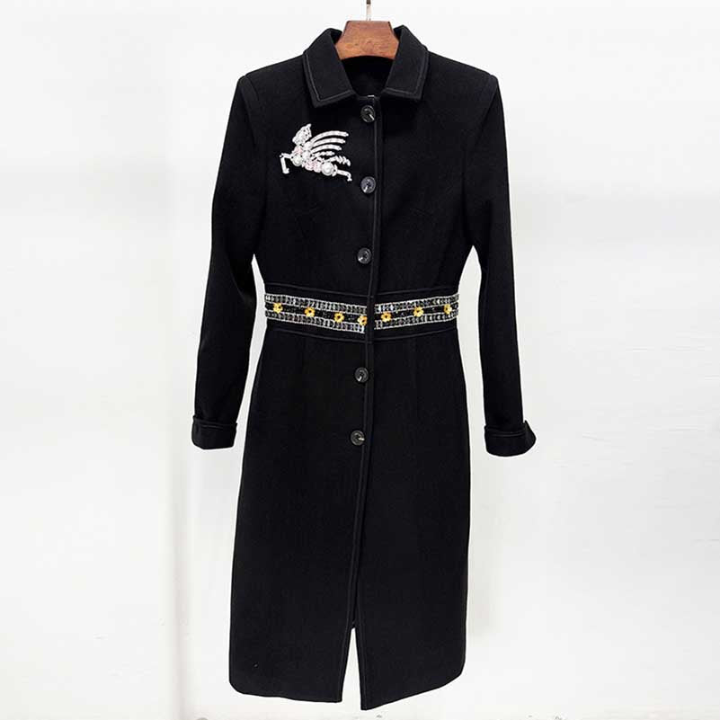 Black women's winter wool coat with unique silver design and stylish belt detail