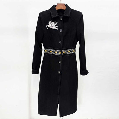 Black women's winter wool coat with unique silver design and stylish belt detail