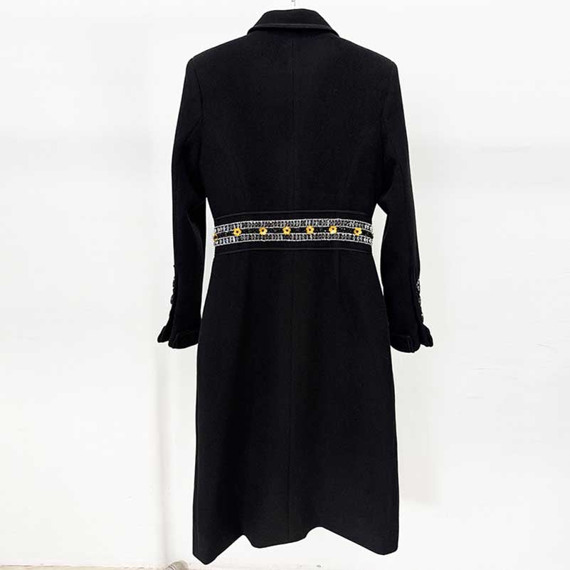 Black sd-hk women's winter wool coat with a decorative belt design for stylish warmth