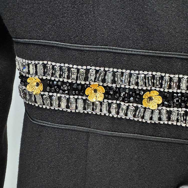 Elegant women's winter wool coat with decorative beaded flowers along the waist