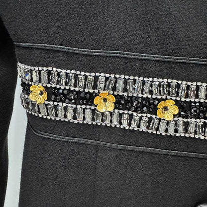 Elegant women's winter wool coat with decorative beaded flowers along the waist