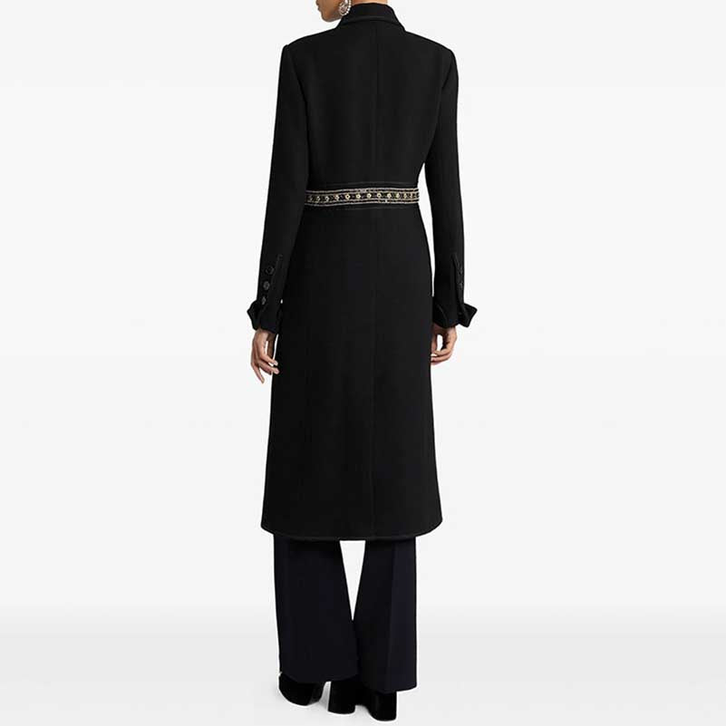 Elegant women's winter wool coat in black with a belted waist and long sleeves