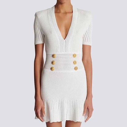 Women's Button-embellished Knitted Dress V-neck Mini Dress in White