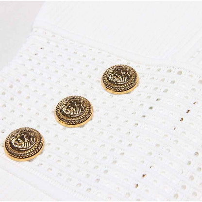 Women's Button-embellished Knitted Dress V-neck Mini Dress in White