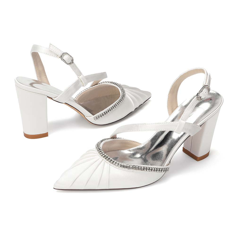 Women's High Heel Sandals with Rhinestones, Crisscross T-Strap Buckle, Chunky Heel & Peep Toe