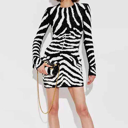 Women's Knitted Zebra-print Embellished Mini Dress