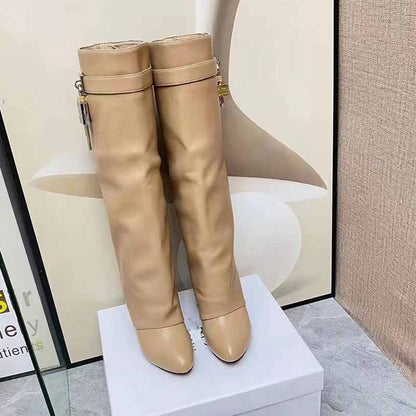 Women‘s Lock Detailed Leather Knee-High Boots