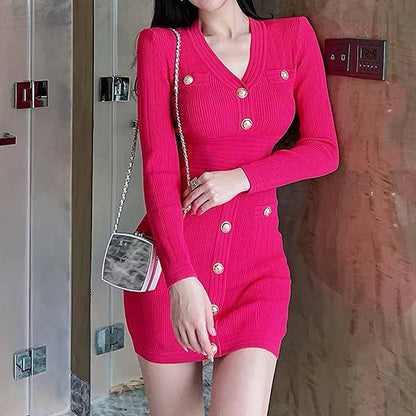 Women's Short Knitted Dress With Gold Buttons Ribbed Mini-dress