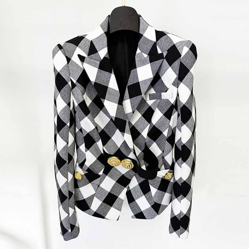 Womens Belted Black Blazer With Check Pattern Coat