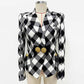 Womens Belted Black Blazer With Check Pattern Coat