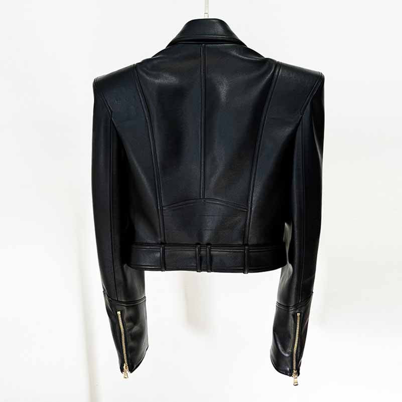 Womens Belted Trench Coat Faux Leather Black Crop Jacket