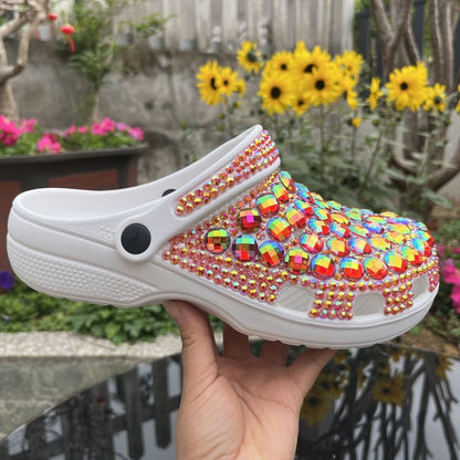 Womens Closed Toe Clog Shoes Rhinestone Beads Slip-On Flats Orange Mules