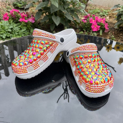 Womens Closed Toe Clog Shoes Rhinestone Beads Slip-On Flats Orange Mules