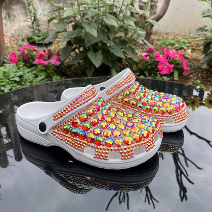 Womens Closed Toe Clog Shoes Rhinestone Beads Slip-On Flats Orange Mules