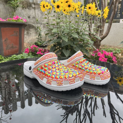 Womens Closed Toe Clog Shoes Rhinestone Beads Slip-On Flats Orange Mules