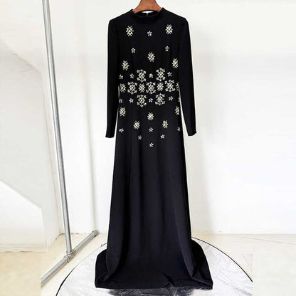 Womens High Collar Black Beaded Long Formal Dress Prom Gown