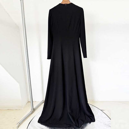 Womens High Collar Black Beaded Long Formal Dress Prom Gown