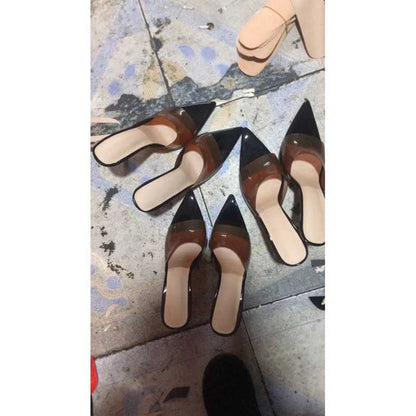 Womens PVC High Heeled Mules Peep Toe Stiletto Sandals