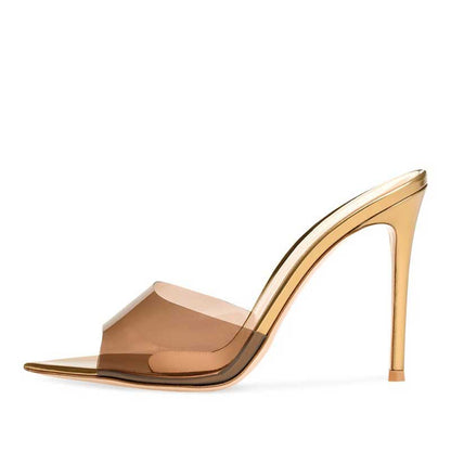 Womens PVC High Heeled Mules Peep Toe Stiletto Sandals