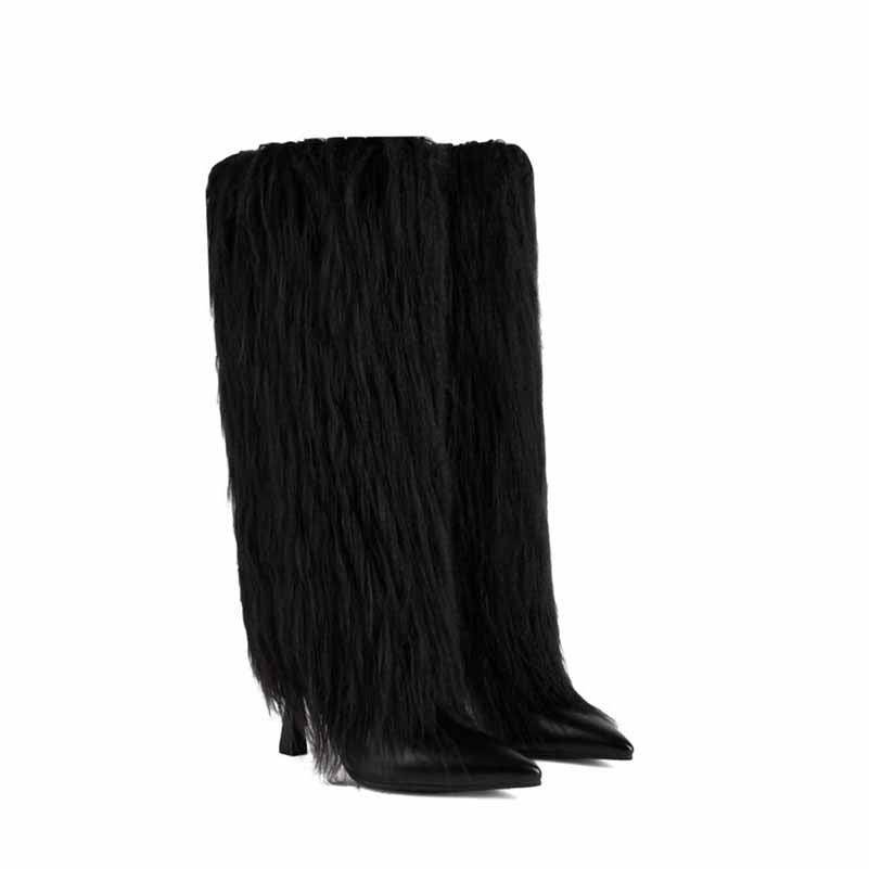 Womens Knee High Boots Pull on High Stilettos Feather Fur Boots