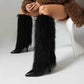 Womens Knee High Boots Pull on High Stilettos Feather Fur Boots