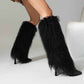 Womens Knee High Boots Pull on High Stilettos Feather Fur Boots