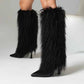 Womens Knee High Boots Pull on High Stilettos Feather Fur Boots