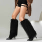 Womens Knee High Boots Pull on High Stilettos Feather Fur Boots