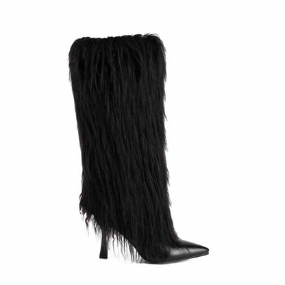 Womens Knee High Boots Pull on High Stilettos Feather Fur Boots