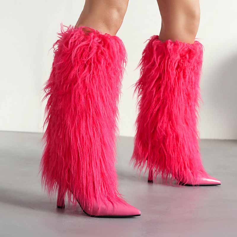 Womens Knee High Boots Pull on High Stilettos Feather Fur Boots