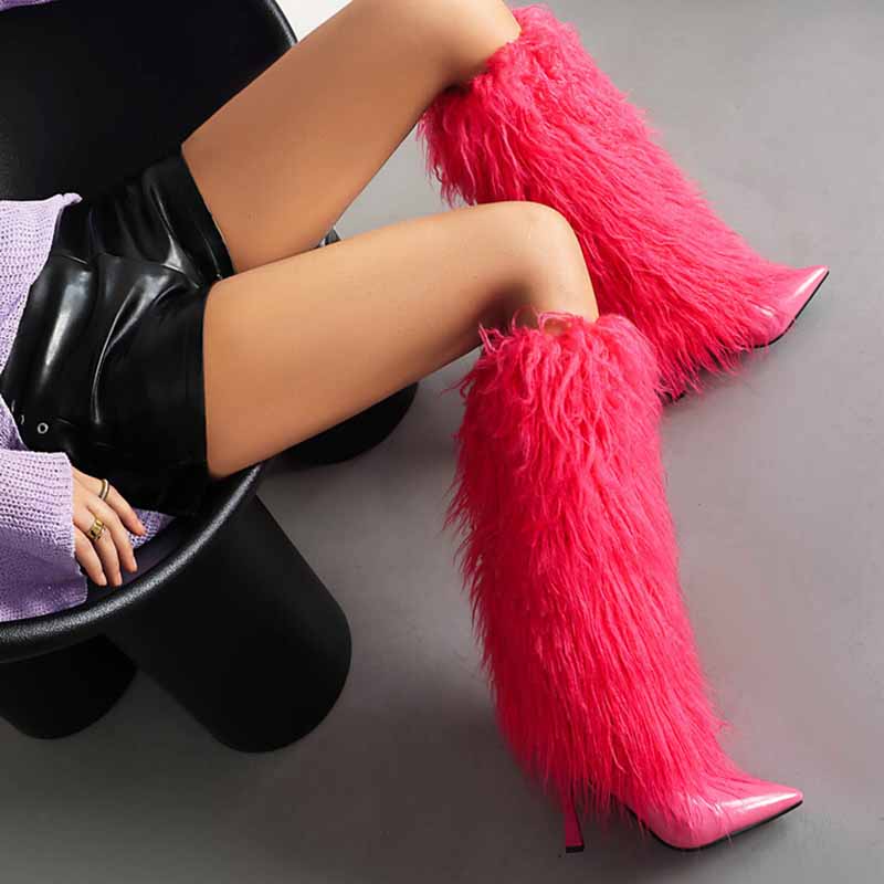 Womens Knee High Boots Pull on High Stilettos Feather Fur Boots