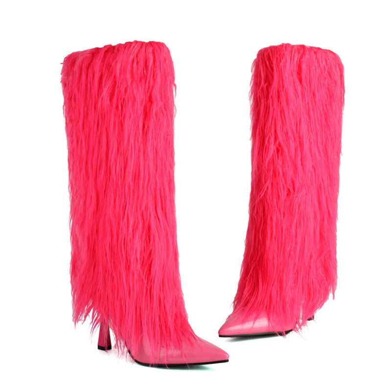 Womens Knee High Boots Pull on High Stilettos Feather Fur Boots