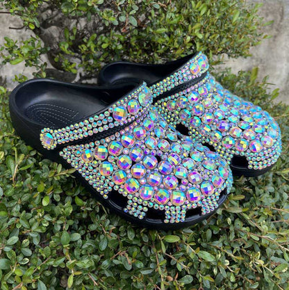 Womens Multicolor Closed Toe Clog Shoes Rhinestone Beads Slip-On Mules