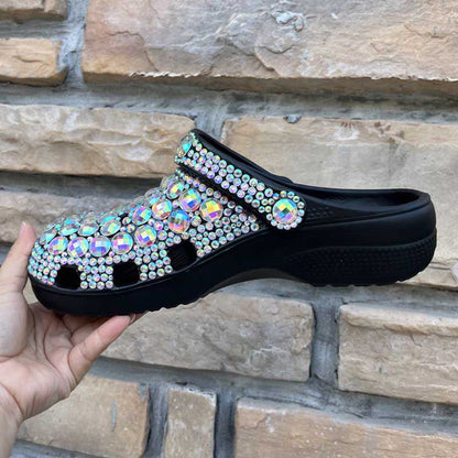 Womens Multicolor Closed Toe Clog Shoes Rhinestone Beads Slip-On Mules