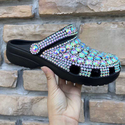 Womens Multicolor Closed Toe Clog Shoes Rhinestone Beads Slip-On Mules