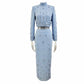 Womens Standard Collar Studded Diamond Crystal Midi Skirt Suit