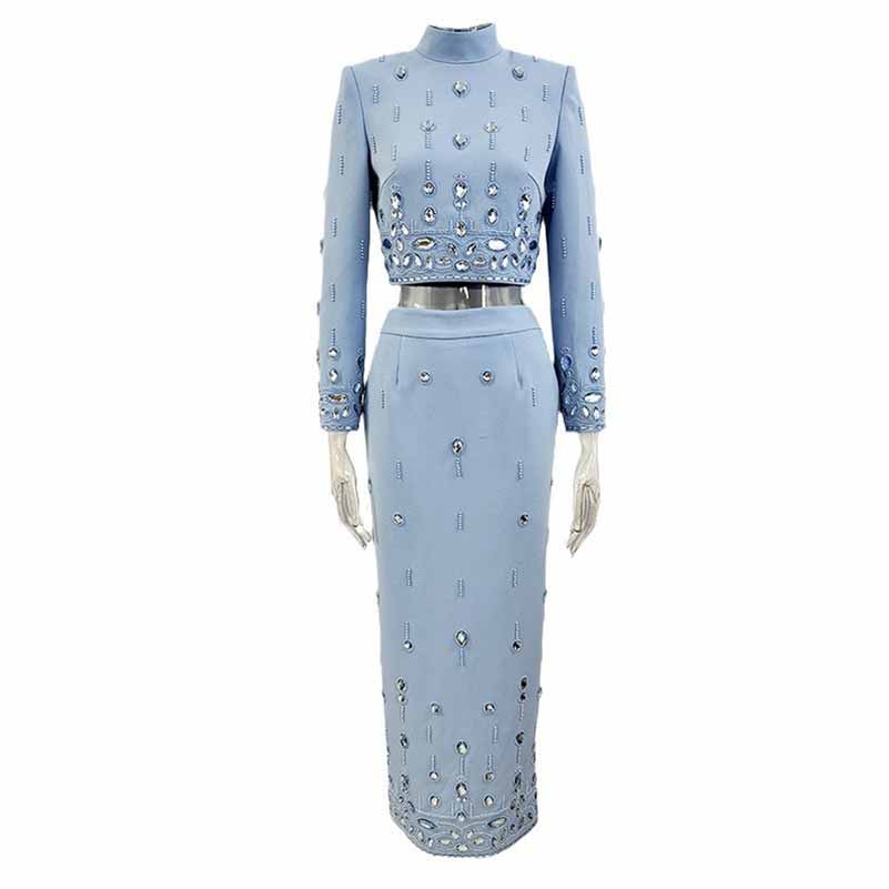 Womens Standard Collar Studded Diamond Crystal Midi Skirt Suit