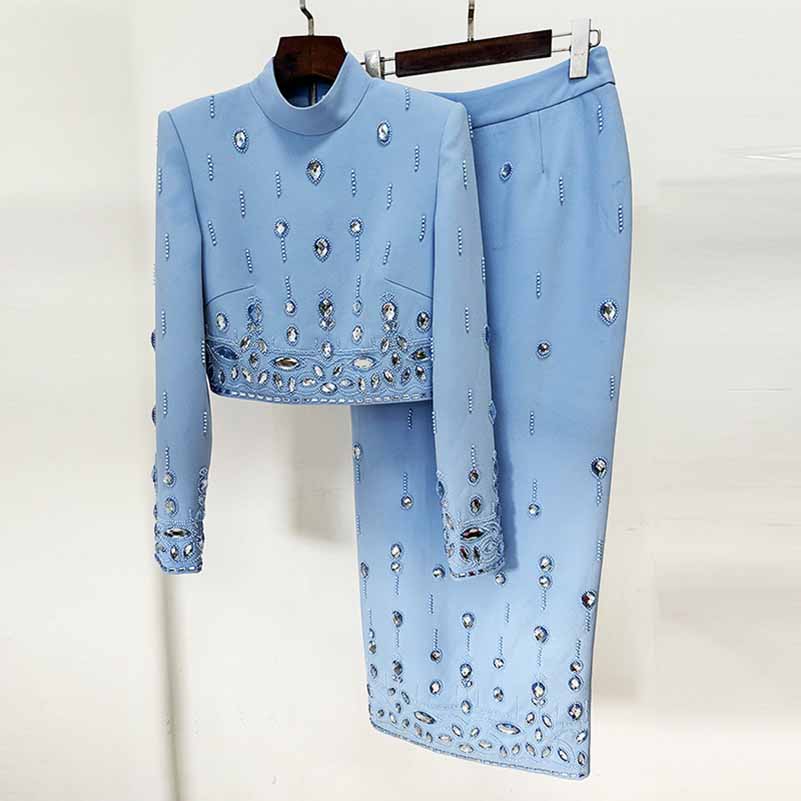 Womens Standard Collar Studded Diamond Crystal Midi Skirt Suit