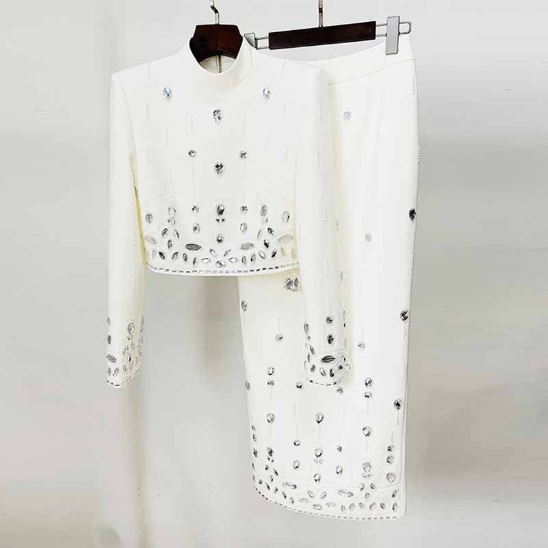 Womens Standard Collar Studded Diamond Crystal Midi Skirt Suit