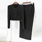 Womens Standard Collar Studded Diamond Crystal Midi Skirt Suit