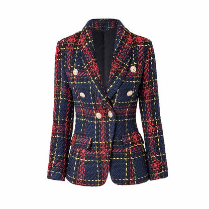 Womens Vintage Double Breasted Tweed Blazer Checkered Coat