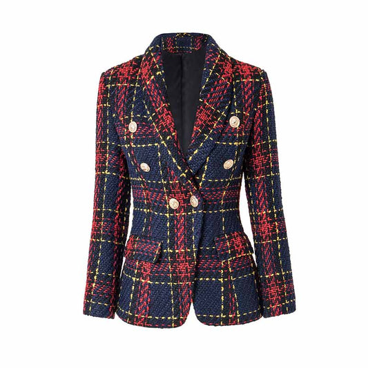Womens Vintage Double Breasted Tweed Blazer Checkered Coat